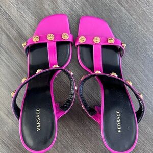 Versace Fuchsia and Black Sandals with Gold Accents